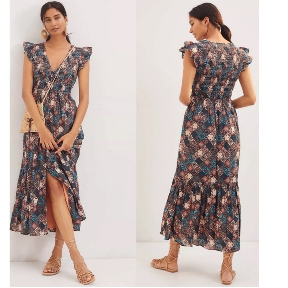Anthro Women's SP Peregrine‎ Midi Dress Patchwork Smocked Ruffle Boho Cottage